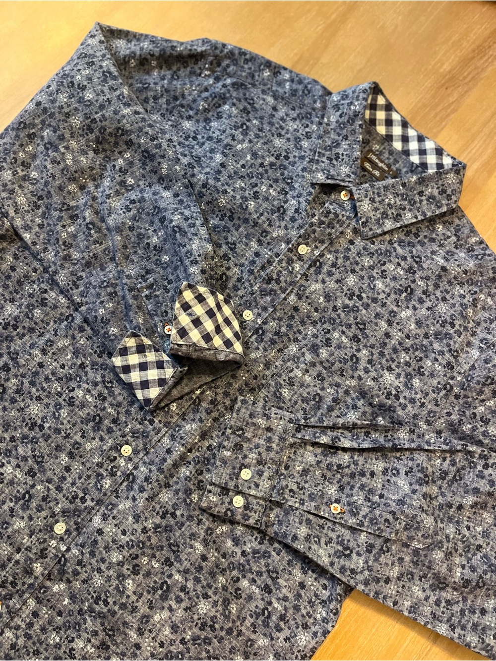 J.McLaughlin Mens Trim Fit Floral Button Down Shirt Navy Blue Gingham Accent L